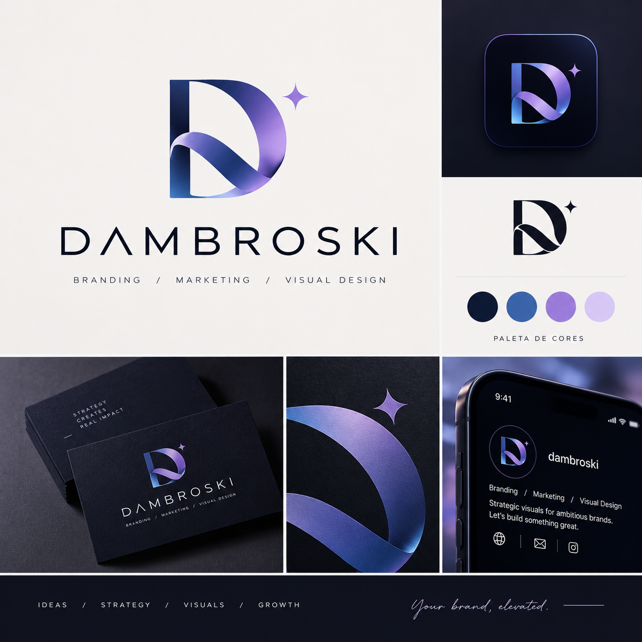 Dambroski approved purple and blue brand identity board with monogram and applications
