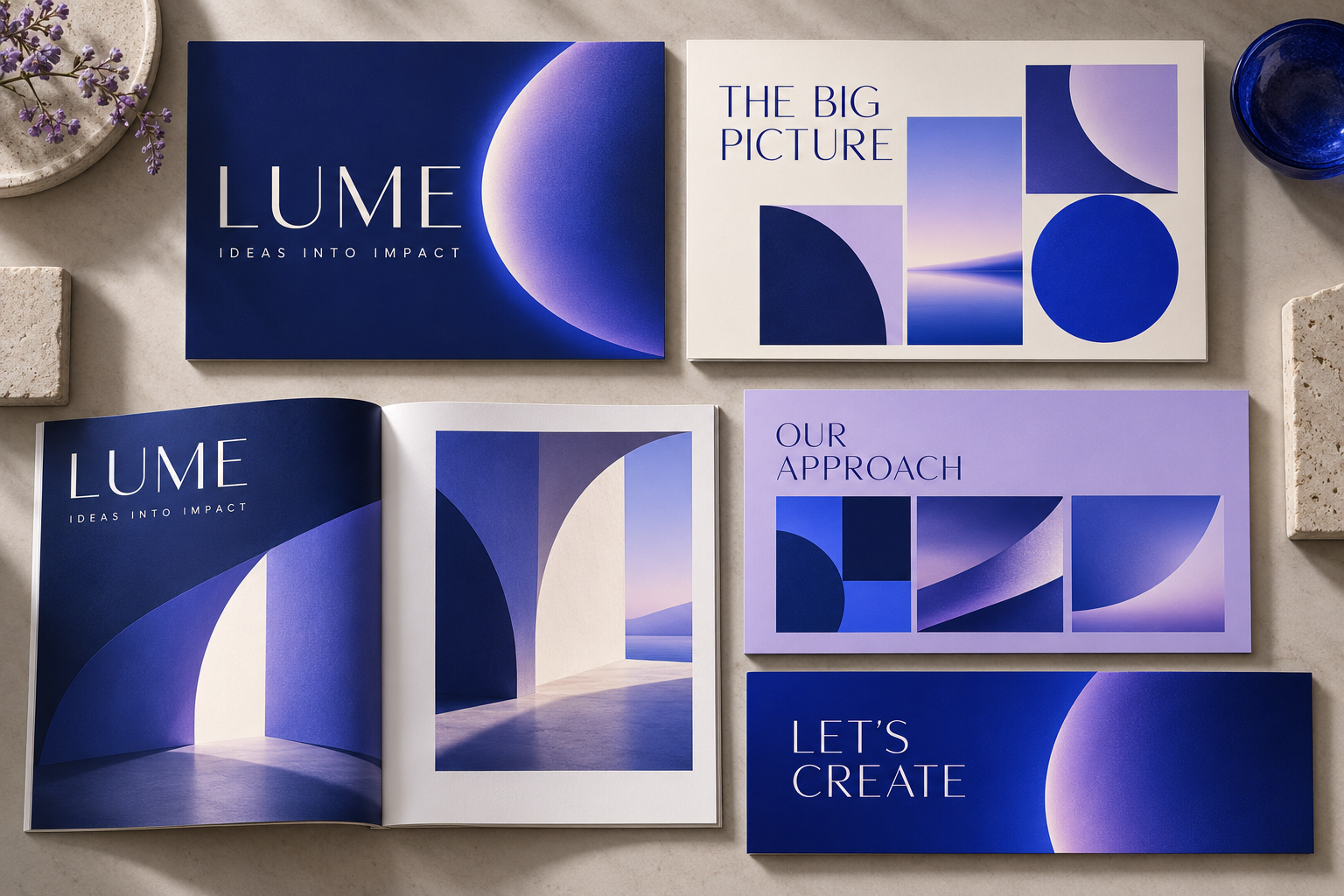 Fictional LUME business concept with a coordinated landscape presentation and editorial brochure in navy, cobalt and lilac