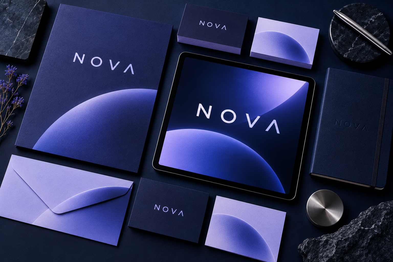 Fictional NOVA technology brand concept with navy and lavender identity applications