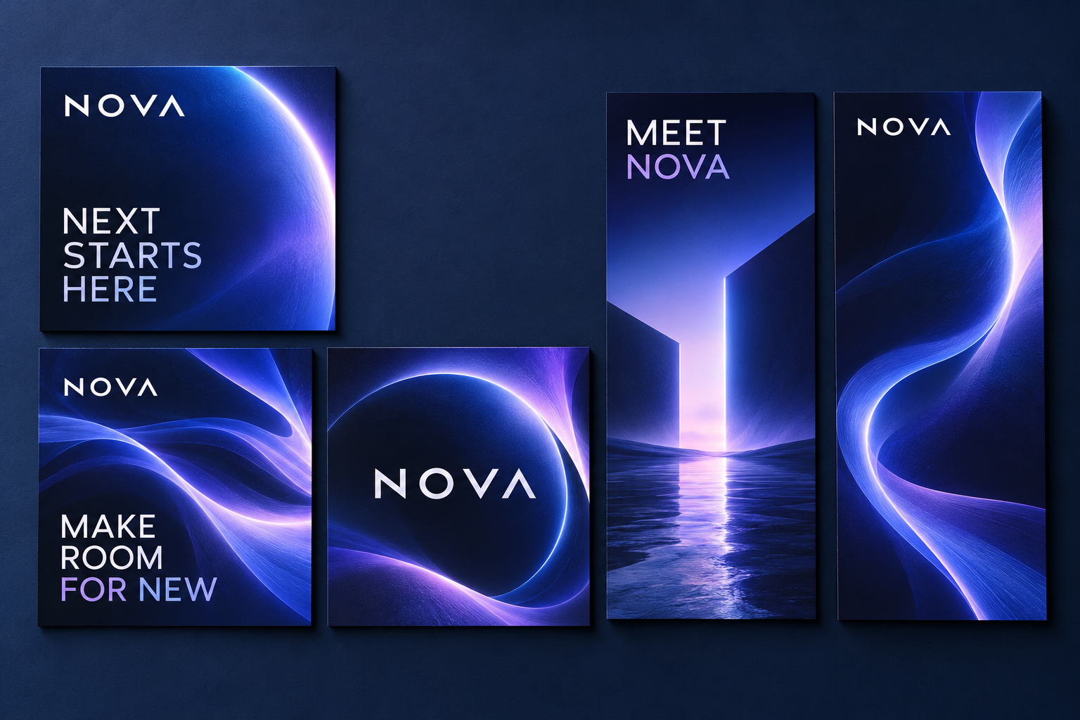 Fictional NOVA campaign with coordinated square social posts and vertical story designs in cobalt, navy and lilac