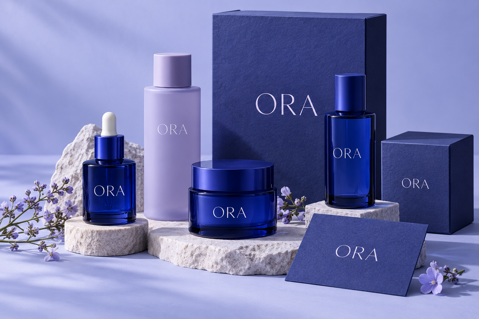 Fictional ORA wellness brand concept with cobalt and lavender packaging